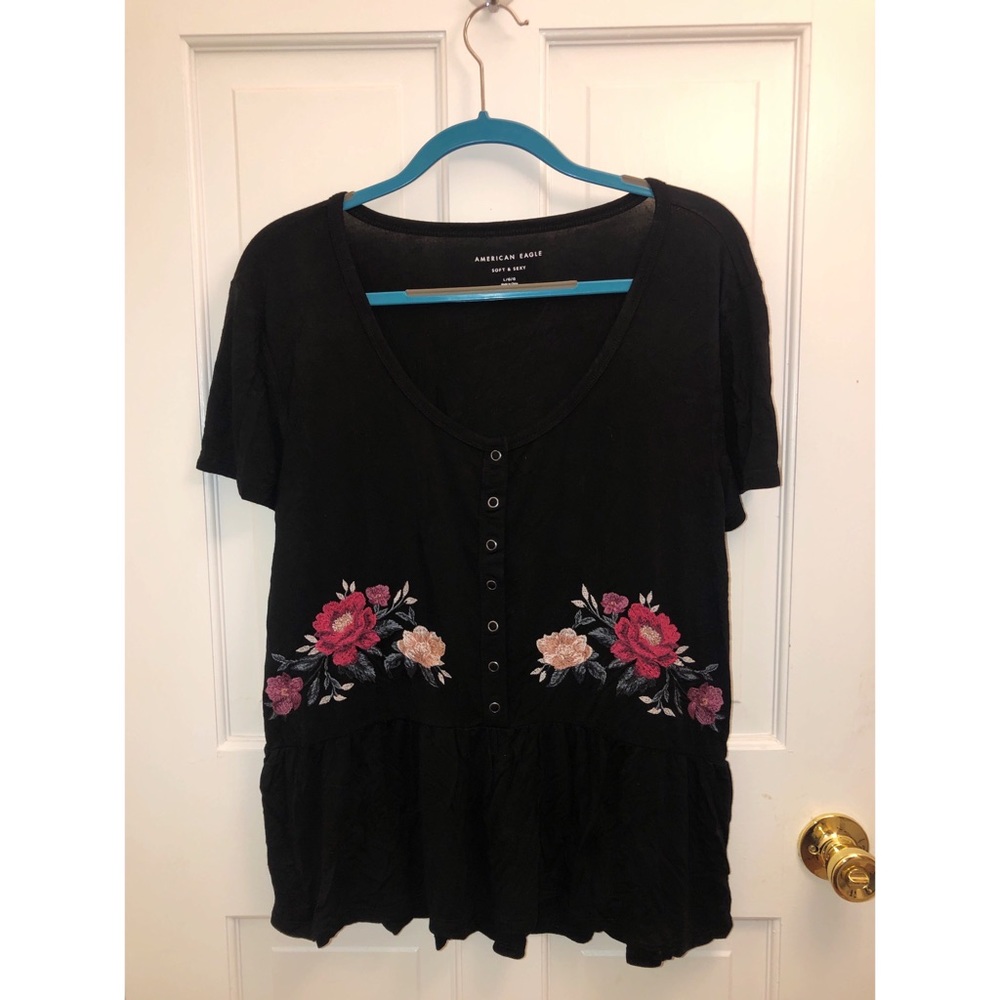 AE Black Top With Floral Embroidery